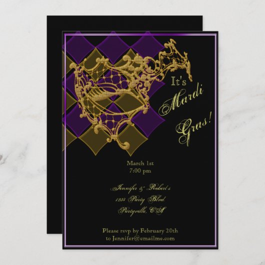 紫色および金ゴールドの謝肉祭のパーティーの線条細工のマスク 招待状 (正面/裏面)