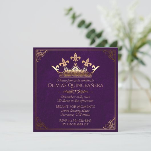 紫色および金ゴールド王室のなキンセアニェラ 招待状 (スタンド正面)