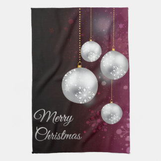 紫色および銀製のクリスマスツリーの球 キッチンタオル