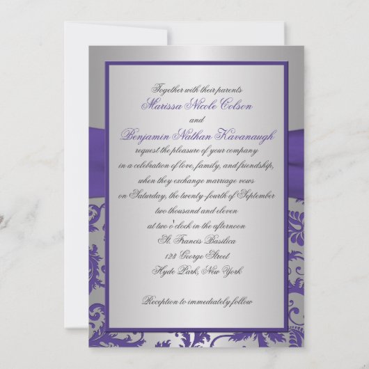 紫色および銀製のダマスク織のモノグラムのな招待状 招待状 (裏面)