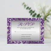 紫色および銀製のダマスク織はカード応答渦巻きます 出欠カード (スタンド正面)