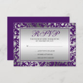 紫色および銀製のダマスク織はカード応答渦巻きます 出欠カード (正面/裏面)