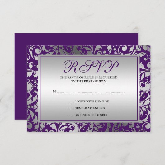 紫色および銀製のダマスク織はカード応答渦巻きます 出欠カード (正面/裏面)