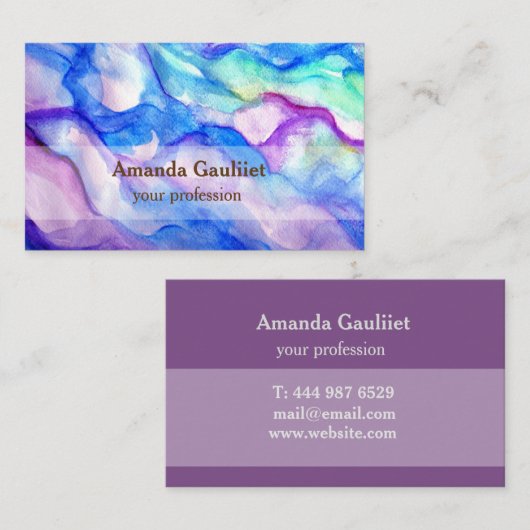 紫色および青いしみの水彩画の芸術の名刺 名刺 (正面/裏面)