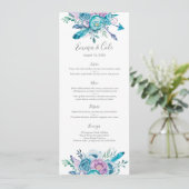 紫色および青の花の結婚式のメニュー/プログラム・カード メニュー (スタンド正面)