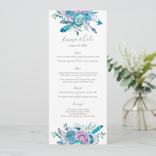 紫色および青の花の結婚式のメニュー/プログラム・カード メニュー (スタンド正面)