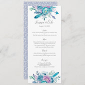 紫色および青の花の結婚式のメニュー/プログラム・カード メニュー (正面/裏面)