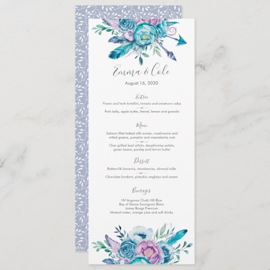 紫色および青の花の結婚式のメニュー/プログラム・カード メニュー (正面/裏面)