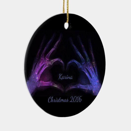 紫色および青のX線指の型枠のハート セラミックオーナメント (右)