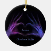 紫色および青のX線指の型枠のハート セラミックオーナメント (正面)