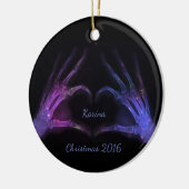 紫色および青のX線指の型枠のハート セラミックオーナメント (左)