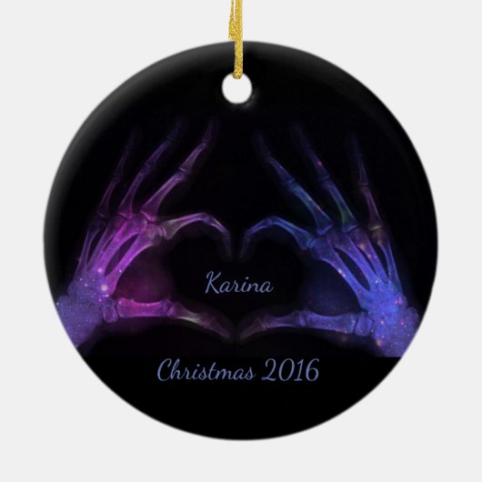 紫色および青のX線指の型枠のハート セラミックオーナメント (裏面)