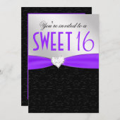 紫色および黒い花のダマスク織のダイヤモンドのハート 招待状 (正面/裏面)