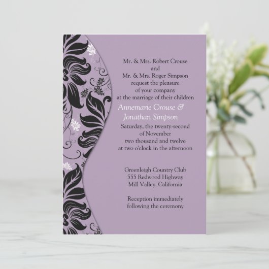 紫色および黒い花の結婚式招待状 招待状 (スタンド正面)
