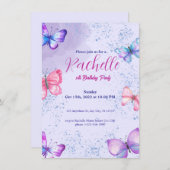 紫色かわいい水彩誕生日招待状カード 招待状 (正面/裏面)