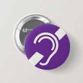 紫色で白い耳が聞こえないのための国際的な記号 缶バッジ (正面&裏面)