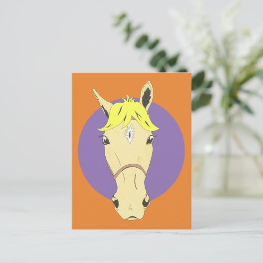 紫色とオレンジ色の背景の漫画の馬の顔 ポストカード (スタンド正面)