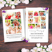 紫色とクリーム色の花を使った葬式プログラム