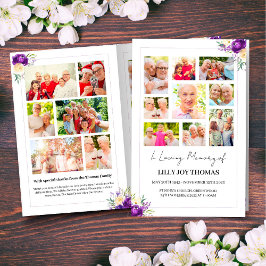 紫色とクリーム色の花を使った葬式プログラム