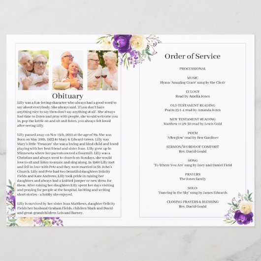 紫色とクリーム色の花を使った葬式プログラム (裏面)