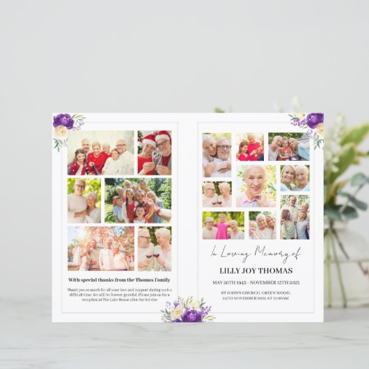 紫色とクリーム色の花を使った葬式プログラム (スタンド正面)