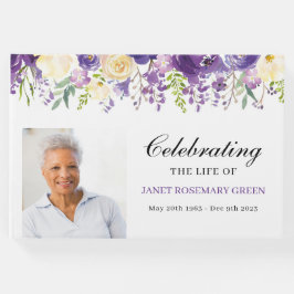 紫色とクリーム色の花を添えた葬式のゲストブック ゲストブック