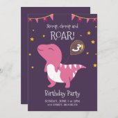 紫色とピンクのバラの恐竜の誕生日パーティー 招待状 (正面/裏面)