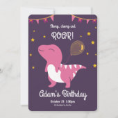 紫色とピンクの恐竜の誕生日パーティーへの招待 招待状 (正面)