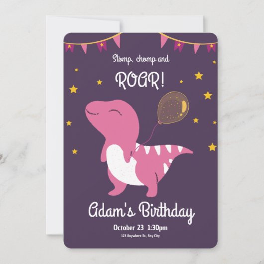 紫色とピンクの恐竜の誕生日パーティーへの招待 招待状 (正面)