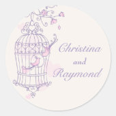 紫色とピンクの鳥がケージのステッ結婚カーを開く ラウンドシール (正面)