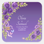 紫色とマーブルの花のメモ + 花婿花嫁の名前 スクエアシール (正面)