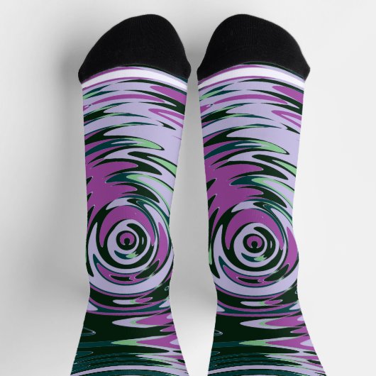 紫色と緑色のクルーソックス、抽象芸術渦巻き ソックス (上部)