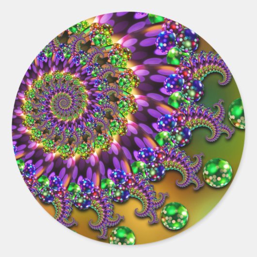 紫色と緑色の《写真》ぼけ味フラクタルパターン ラウンドシール (正面)