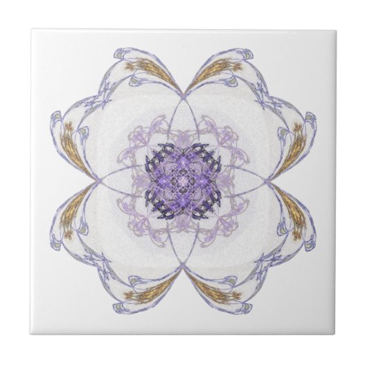 紫色と金ゴールドのフローラルックフラクタルアート タイル (正面)