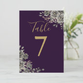 紫色と金ゴールド結婚ゴシックの表番号 招待状 (スタンド正面)