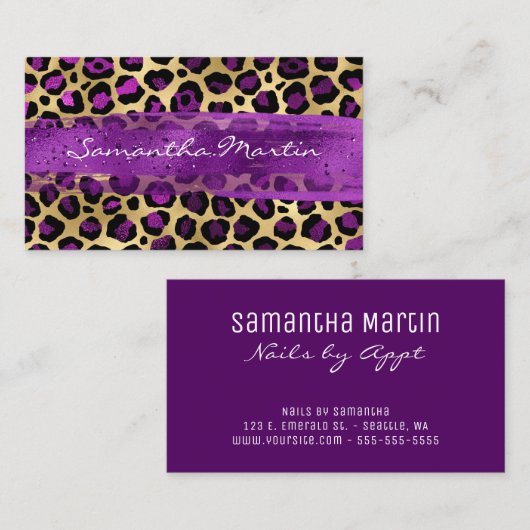 紫色と金箔ヒョウのブラシストローク 名刺 (正面/裏面)