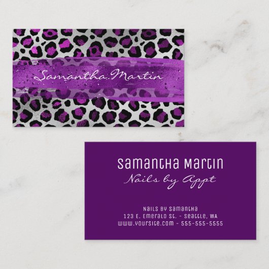 紫色と銀箔ヒョウのブラシストローク 名刺 (正面/裏面)