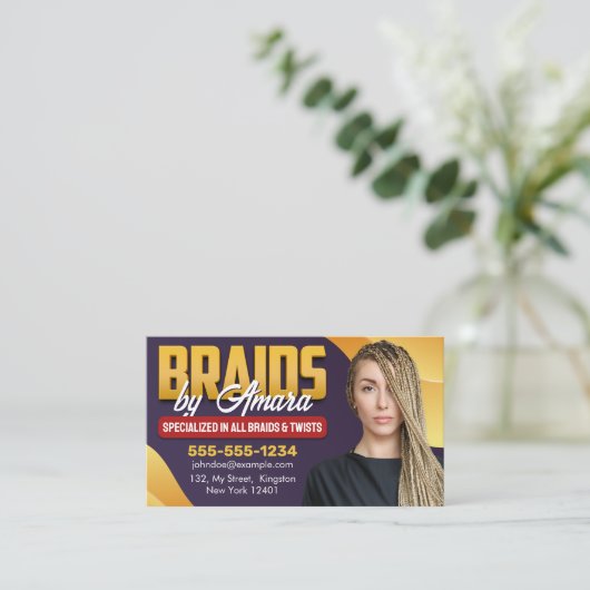 紫色と黄色のアフリカの髪の編み写真組み紐 名刺 (スタンド正面)