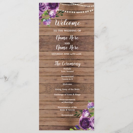 紫色によっては結婚式プログラムの木製の素朴な花柄が開花します プログラム (正面)