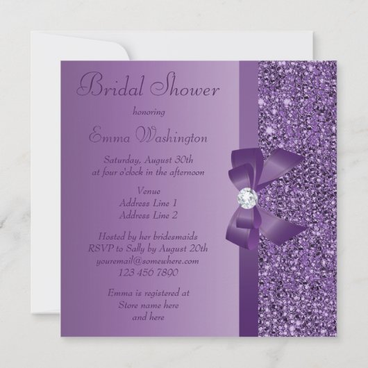紫色によって印刷されるスパンコールの弓及びダイヤモンドのブライダルシャワー 招待状 (裏面)