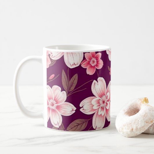 紫色に明るいピンクの花の模様 コーヒーマグカップ (ドーナツ)