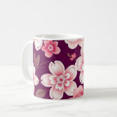 紫色に明るいピンクの花の模様 コーヒーマグカップ (正面左)