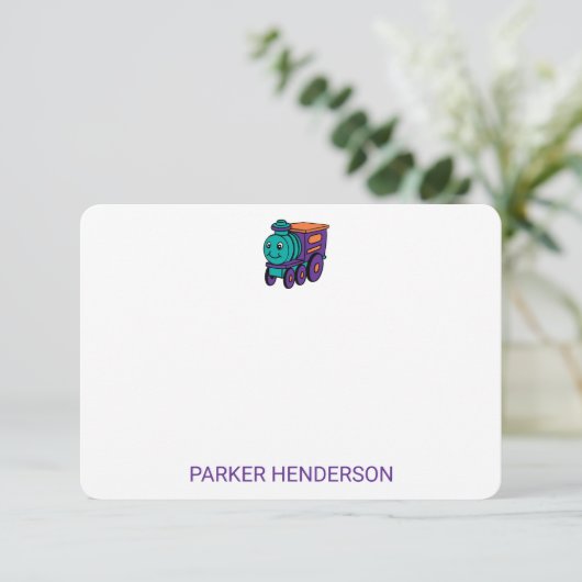 紫色のおもちゃ列車トラックパーソナルキッズステーショナリー サンキューカード (スタンド正面)