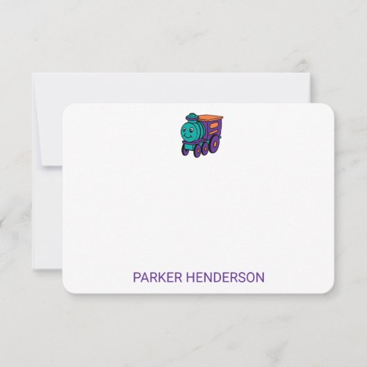 紫色のおもちゃ列車トラックパーソナルキッズステーショナリー サンキューカード (正面)