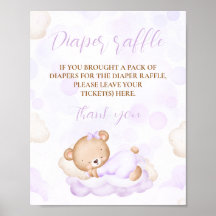 紫色のかわいいクマ赤ちゃんシャワーおむつラッフルサイン