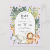 紫色のかわいいジャングルサファリのベビーガールシャワー インビテーションポストカード (正面)