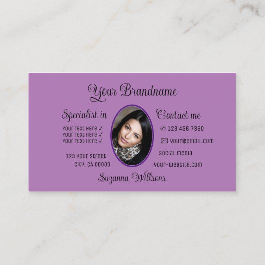 紫色のかわいい薄紫ハートとモノグラムと写真 名刺 (裏面)