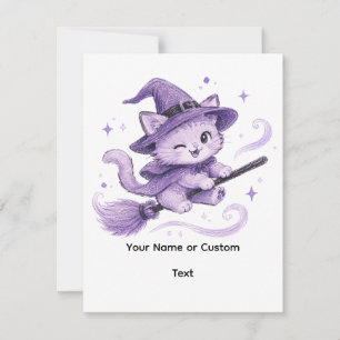 紫色のかわいい魔女猫と箒 ハロウィン ノートカード