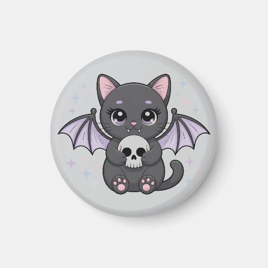紫色のこうもりの羽を持つ黒猫がドクロを抱っこ マグネット (正面)