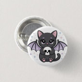 紫色のこうもりの羽を持つ黒猫がドクロを抱っこ 缶バッジ (正面&裏面)